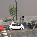 Public Facilities On Urban Street With Street Lamp Trash Bin Parking Sign And Parked Cars