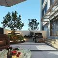 Serene Garden Landscape with Patio Trees Water Fountain Seating Grill Area and Lush Green Plants