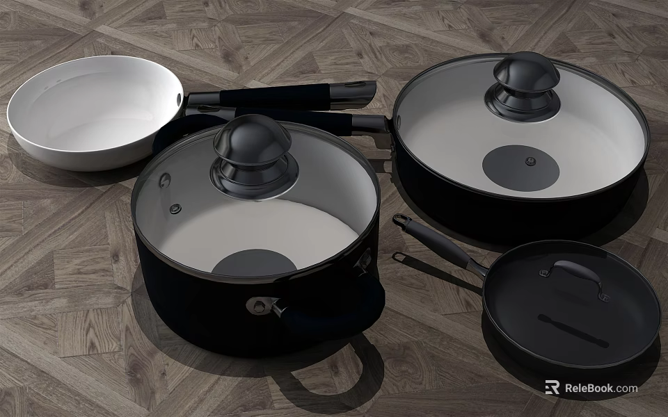 High Quality Modern Kitchen Cookware Set With Non Stick Pans And Lids 3d model 