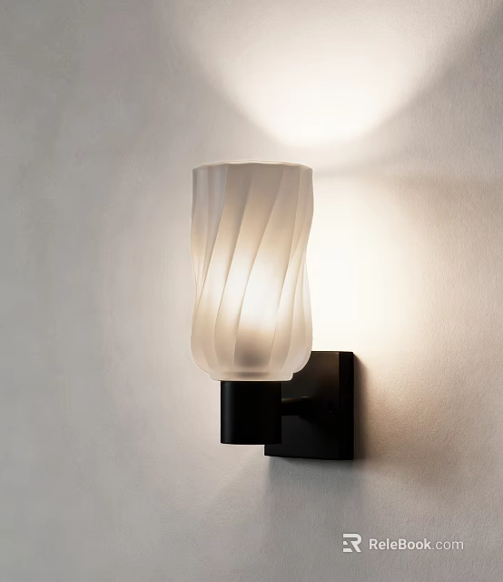 Wall Lamp With White Ribbed Glass Shade And Black Base On Light Wall 3d model 