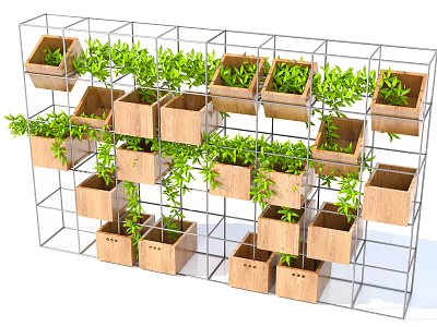Innovative Vertical Garden Setup Using Wooden Planters On Metal Grid Frame With Green Plants 3d model