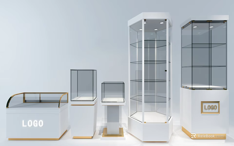 White Glass Display Cases And Shelves With LOGO And Gold Trim Design 3d model 
