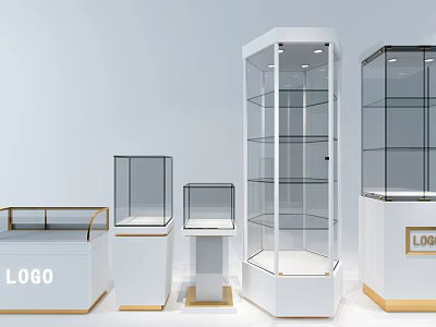 White Glass Display Cases And Shelves With LOGO And Gold Trim Design 3d model