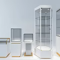 White Glass Display Cases And Shelves With LOGO And Gold Trim Design