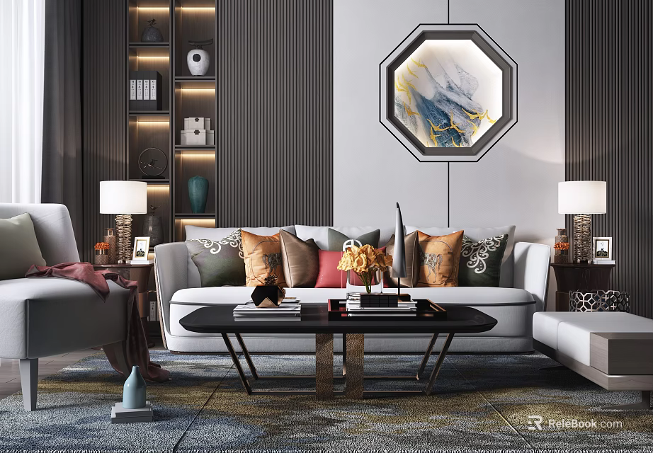Modern Sofa Coffee Table Set With Colorful Throw Pillows And Octagonal Wall Art 3d model