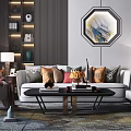 Modern Sofa Coffee Table Set With Colorful Throw Pillows And Octagonal Wall Art 3d model