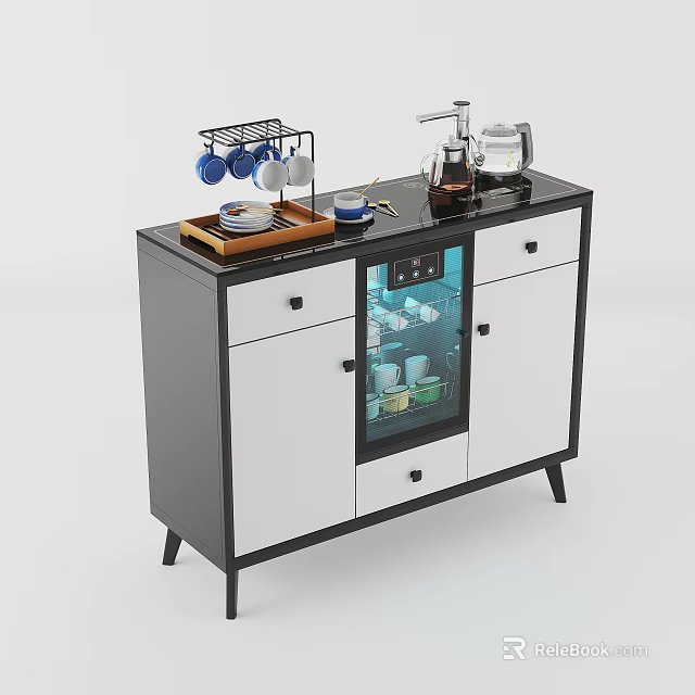 Modern Black And White Sideboard With Glass Door Drawers And Coffee Maker Cups 3d model 