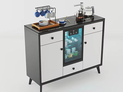 Modern Black And White Sideboard With Glass Door Drawers And Coffee Maker Cups 3d model