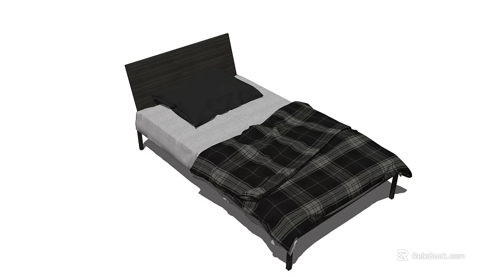 Modern Single Bed Design With Black Headboard Light Mattress Black Pillow And Plaid Blanket 3d model 