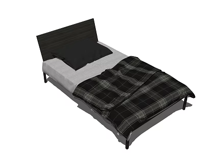 Modern Single Bed Design With Black Headboard Light Mattress Black Pillow And Plaid Blanket 3d model