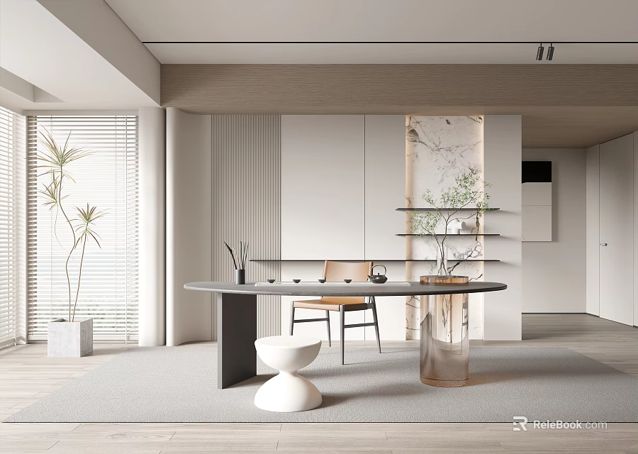 Modern Minimalist Tea Room Interior With Wooden Tea Table Comfortable Chairs And Green Plants 3d model 