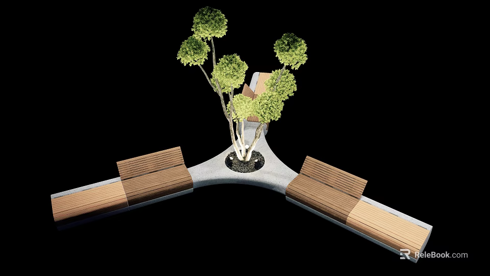 Wooden Landscape Seats With Curved Design And Central Tree In Outdoor Setting 3d model 