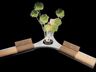 Wooden Landscape Seats With Curved Design And Central Tree In Outdoor Setting 3d model
