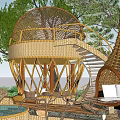 Wooden House Featuring Bamboo Round Dome Roof and Stone Steps Near Swimming Pool
