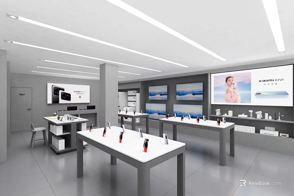 Chanel Boutique Modern Interior With Display Tables Luxury Products Large Screen Model And Lighting 3d model 