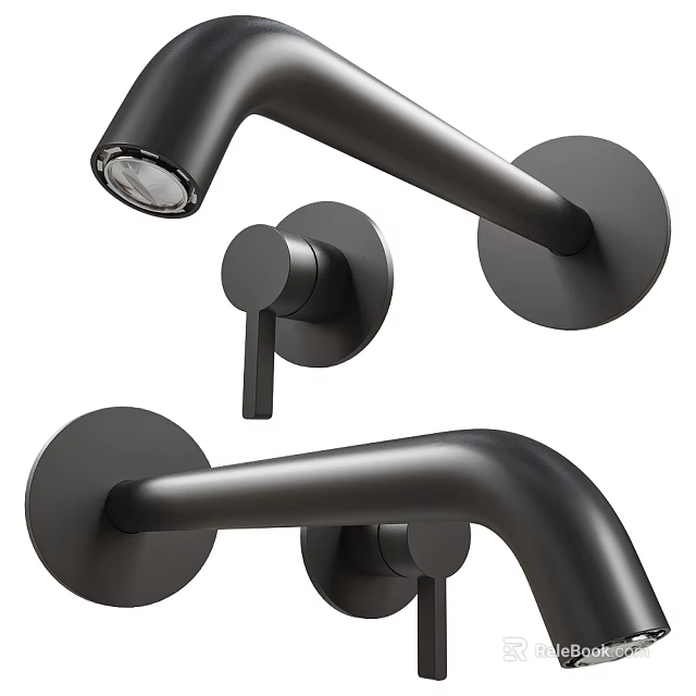 Sleek Black Modern Wall Mounted Faucet With Round Handles And Curved Spout 3d model 