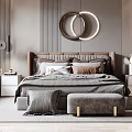 Modern Bedroom Interior With Large Bed Nightstands Circular Decor Wardrobe And Floor to Ceiling Window