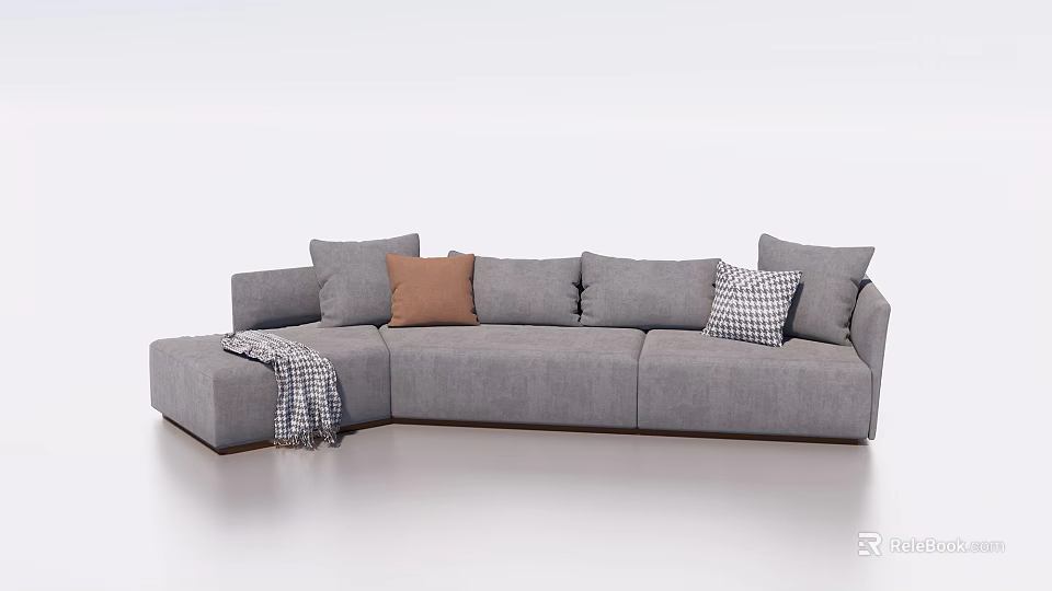 Gray L shaped Sectional Sofa With Brown Plaid Pillows And Throw Blanket 3d model