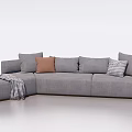 Gray L shaped Sectional Sofa With Brown Plaid Pillows And Throw Blanket 3d model