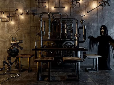 Industrial Style Dining Table Set With Metal Pipes And Wooden Chairs Dark Ambiance 3d model