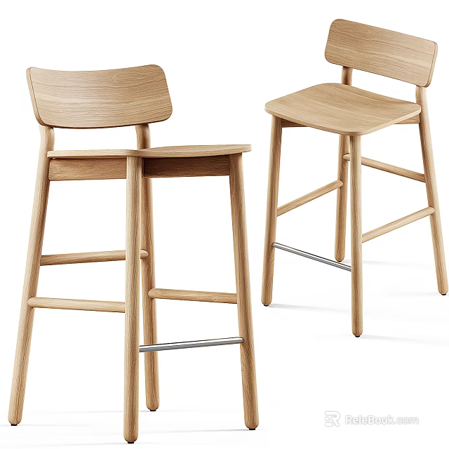 Modern Natural Wooden Bar Stools With Backrest And Footrest Set of Two 3d model 