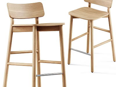 Modern Natural Wooden Bar Stools With Backrest And Footrest Set of Two 3d model
