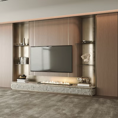 Modern TV Wall Design With Wooden Panels Stone Countertop Open Shelves And Decorative Items 3d model