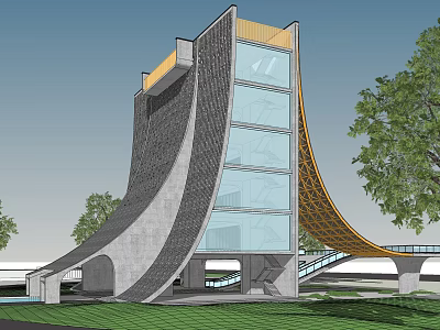 Modern Cultural Center Building Curved Design With Glass Curtain Walls Gray Stone And Wooden Accents 3d model