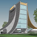 Modern Cultural Center Building Curved Design With Glass Curtain Walls Gray Stone And Wooden Accents