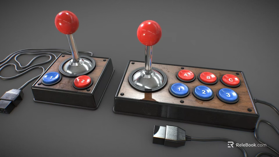 Retro Game Controllers with Red Joysticks Wooden Base and Colored Buttons 3d model 