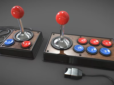 Retro Game Controllers with Red Joysticks Wooden Base and Colored Buttons 3d model