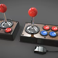 Retro Game Controllers with Red Joysticks Wooden Base and Colored Buttons 3d model