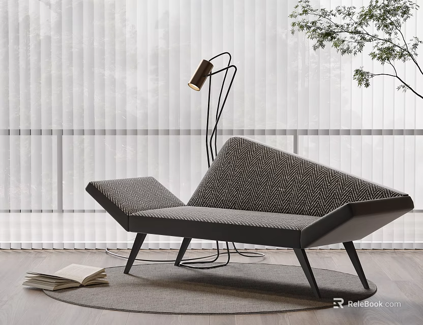 Modern Gray Fabric Lounge Chair With Unique Shape Floor Lamp Rug And Wooden Floor 3d model 