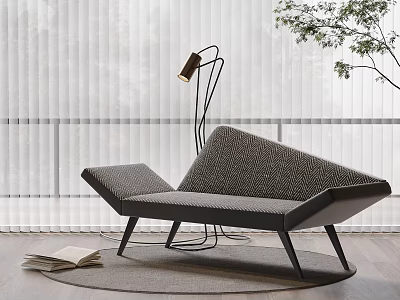 Modern Gray Fabric Lounge Chair With Unique Shape Floor Lamp Rug And Wooden Floor 3d model