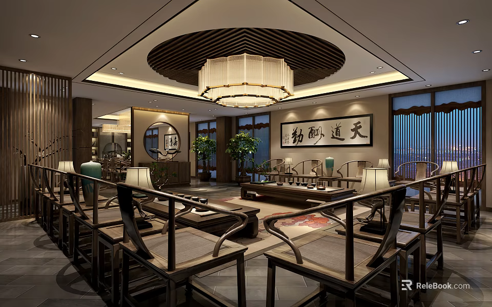 Traditional Chinese Tea House Interior With Wooden Furniture Elegant Chandelier And Calligraphy Decorations 3d model 