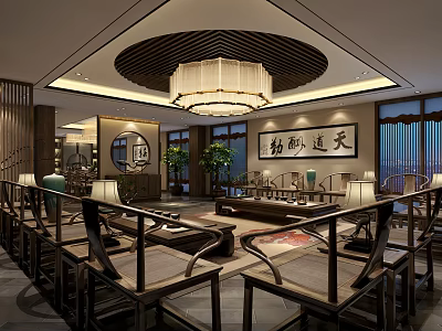 Traditional Chinese Tea House Interior With Wooden Furniture Elegant Chandelier And Calligraphy Decorations 3d model