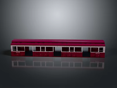 Red Train Car Model with Multiple Windows and Doors on Gray Background with Reflection 3d model