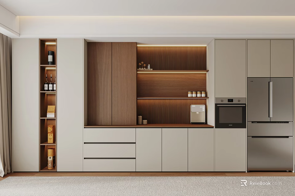 Modern Kitchen Interior With Stylish Wooden Sideboard Cabinet Drawers And Shelves 3d model 