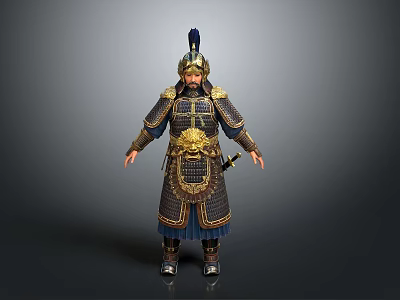 Man In Ancient Ornate Armor With Gold And Blue Decoration Wearing Feather Helmet Holding Sword 3d model