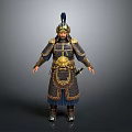 Man In Ancient Ornate Armor With Gold And Blue Decoration Wearing Feather Helmet Holding Sword