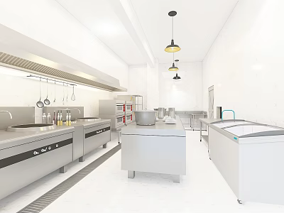 Commercial Kitchen Interior With Stainless Steel Worktables Stoves Hanging Utensils And Pendant Lights 3d model
