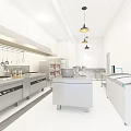 Commercial Kitchen Interior With Stainless Steel Worktables Stoves Hanging Utensils And Pendant Lights