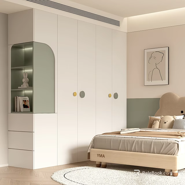 Modern White Wardrobe with Arched Green Glass Display Cabinet and Brass Handles in Cozy Bedroom 3d model 