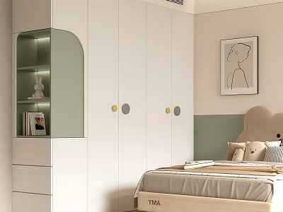 Modern White Wardrobe with Arched Green Glass Display Cabinet and Brass Handles in Cozy Bedroom 3d model