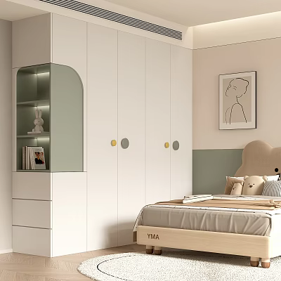 Modern White Wardrobe with Arched Green Glass Display Cabinet and Brass Handles in Cozy Bedroom 3d model