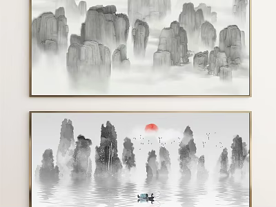 Chinese Ink Landscape Painting With Mountain Peaks Mist Water Surface Small Boat And Red Sun 3d model
