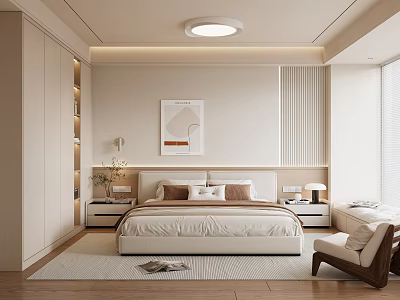 Modern Minimalist Bedroom With Neutral Tones King Bed Nightstands Artwork And Floor to Ceiling Windows 3d model