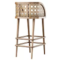 Wooden Bar Stool With Carved Backrest Light Beige Padded Seat And Layered Leg Rungs
