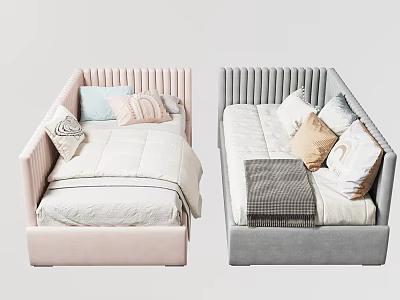 Modern Single Beds With Pink And Gray Vertical Striped Headboard Pillows And Blankets 3d model