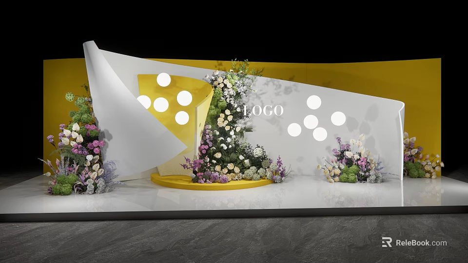 Floral Display Platform With White Panel Yellow Background Circular Dots And Logo Design 3d model 